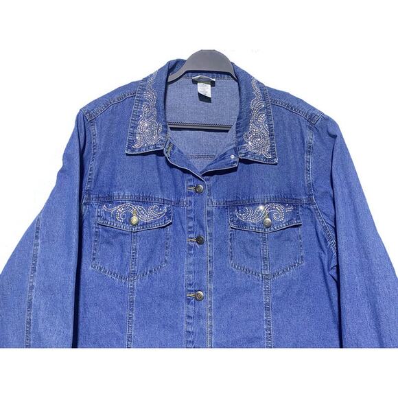 Las Olas Jean Jacket Women's Size 1X 16 With Rhinestone Accent and Snap Front - Picture 4 of 7